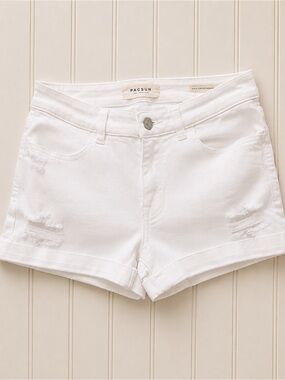 PacSun White Super Stretch Shortie Distressed Denim Shorts Size 25